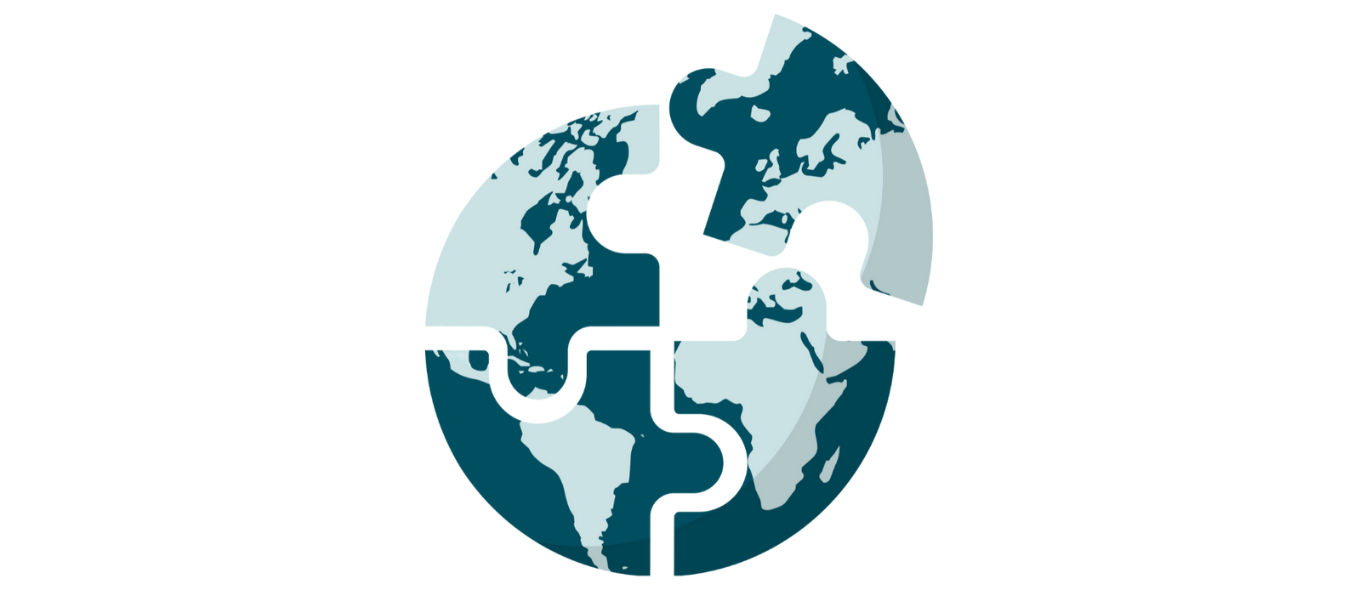 Early Career Bootcamp: dark blue circle (globe) with the world map in light blue separated into four puzzle pieces with one coming off