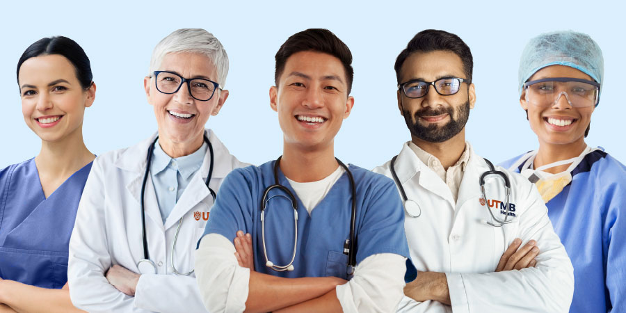 Five healthcare staff in scrubs and lab coats, some wearing stethoscopes, against a light blue background. UTMB logos are visible on two lab coats.