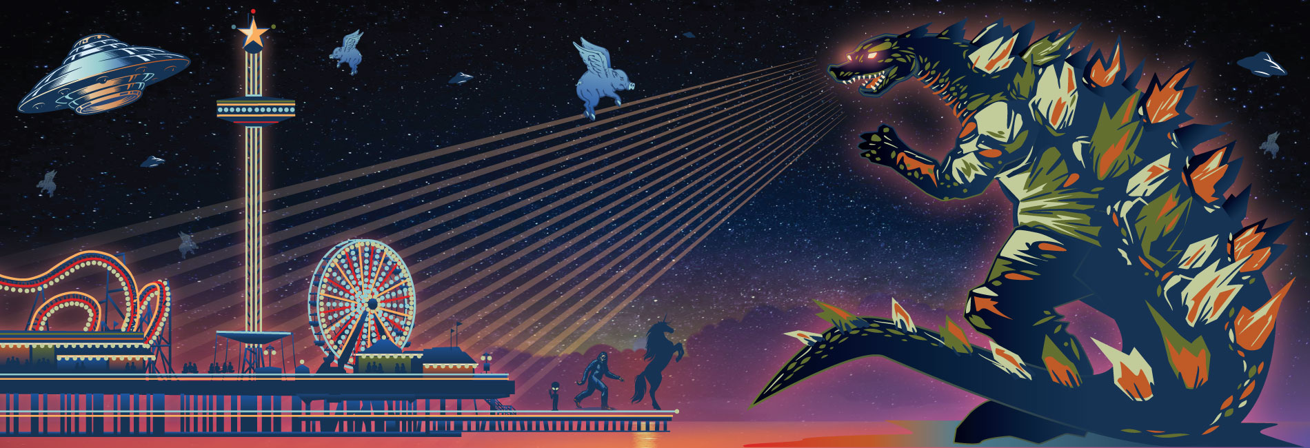 Web banner of Godzilla honing in on the Pleasure Pier for SECC 2021: Anything is Possible charitable campaign