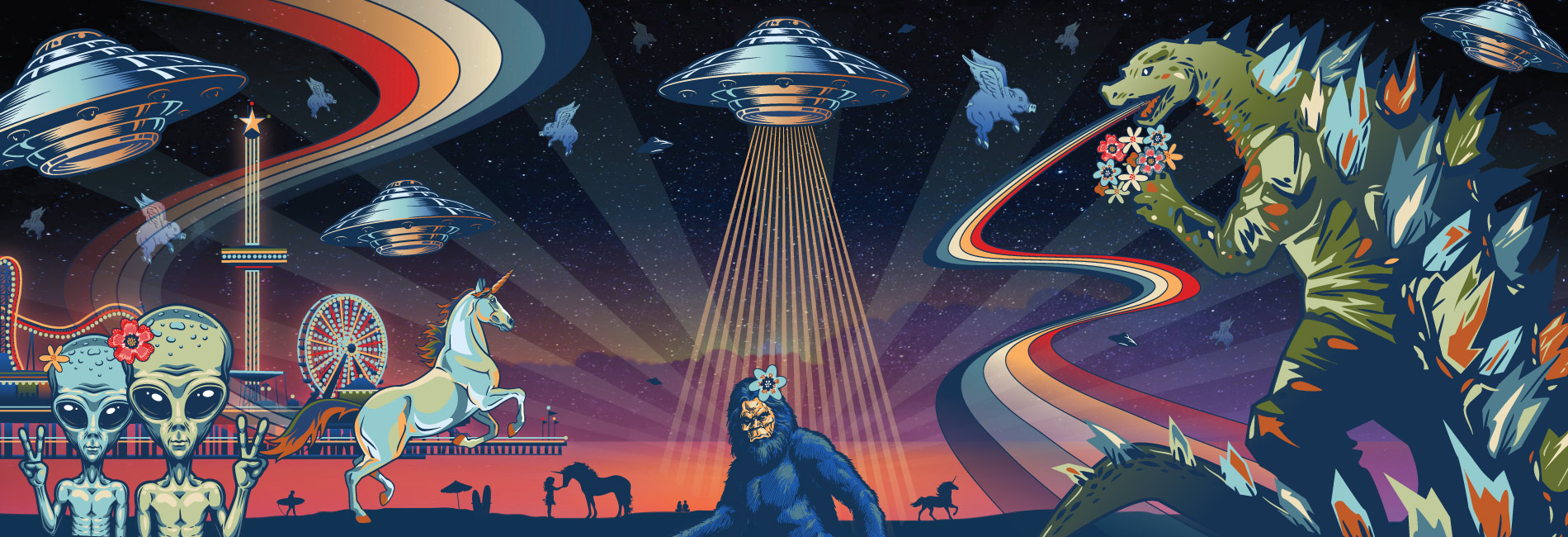 Web banner of Godzilla, ETs, Unicorns, Bigfoot, Flying Pigs, Pleasure Pier and more for SECC 2021: Anything Is Possible charitable campaign finale