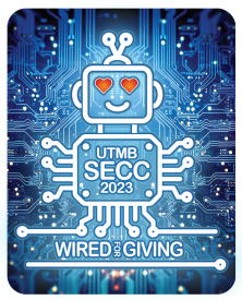 Wired to give thank you sticker with a white robot on blue circuit board background 