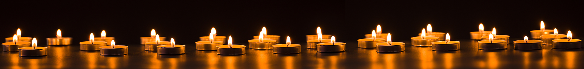 A row of small lit candles glowing against a dark background.