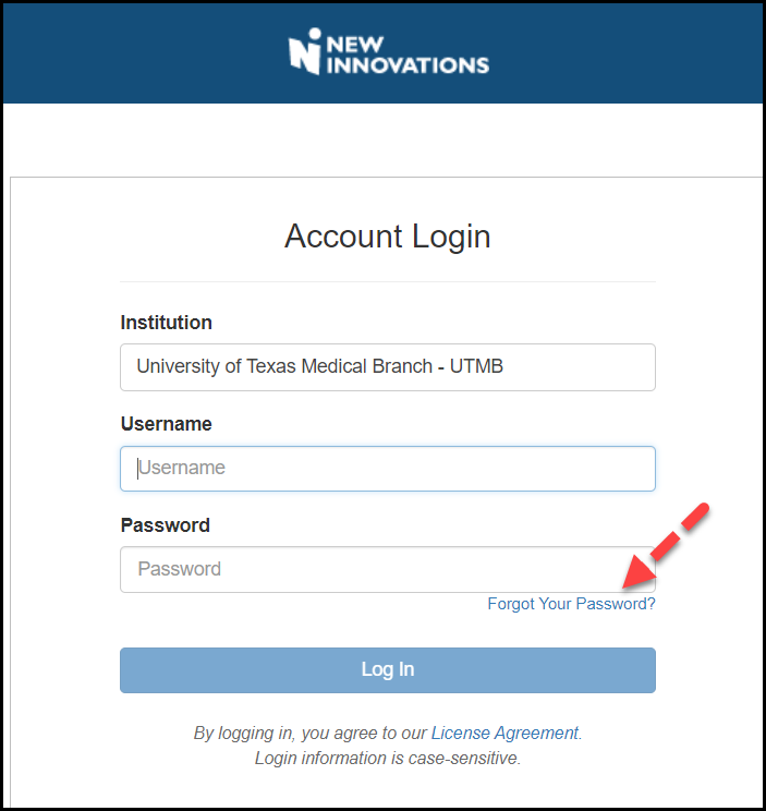 New Innovations login screen showing UTMB selected as the institution, with fields for username and password and a “Forgot Your Password?” link.