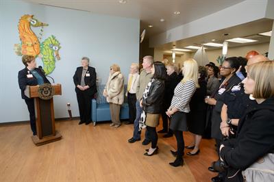Sollenberger speaks during the ribbon cutting ceremony for UTMB's Pediatric Primary Care Clinic and Pediatric Urgent Care Clinic in Galveston.