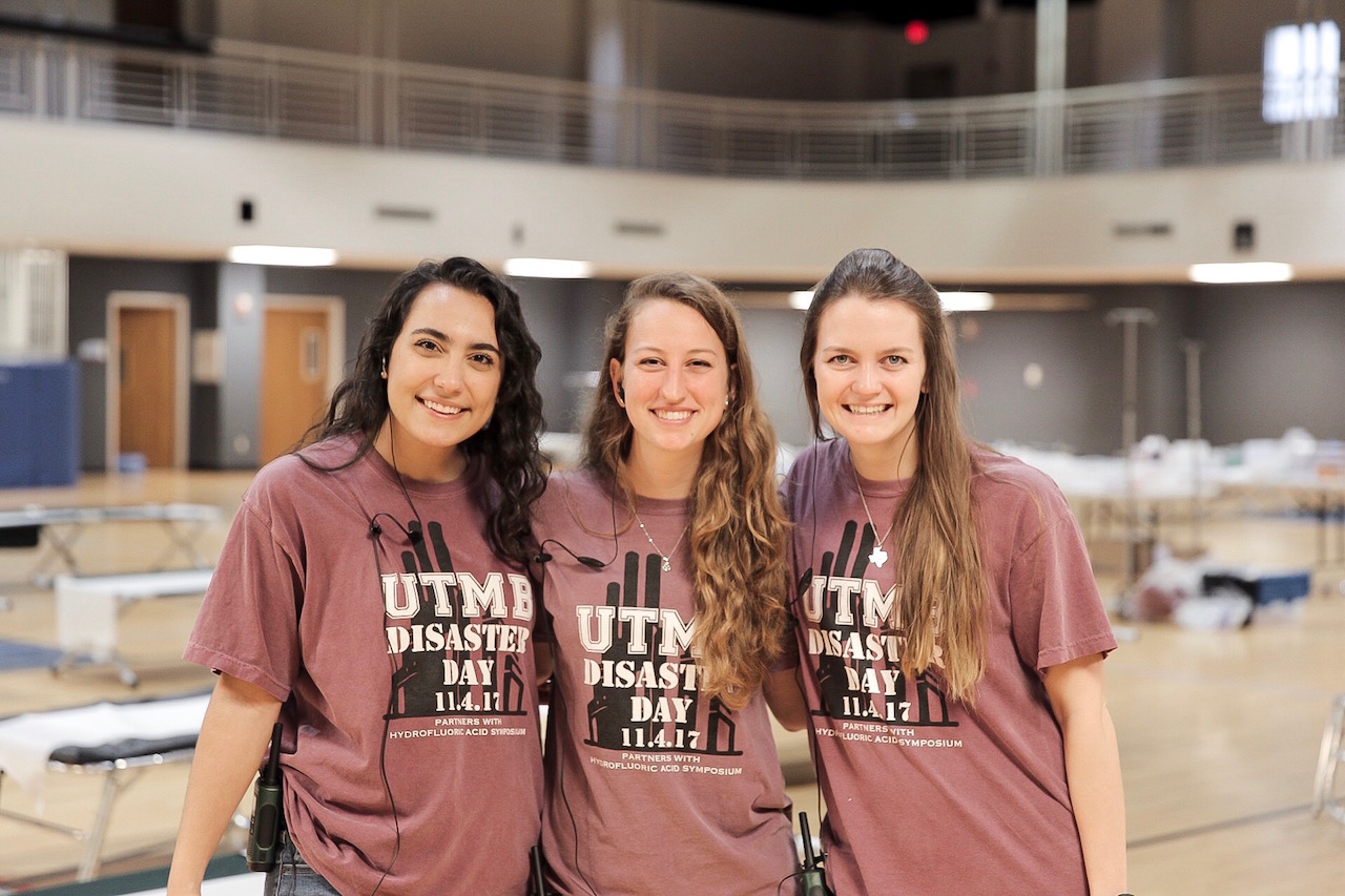 From left, Sophia Hashemi, Casey Schneider and Madison Lankford helped organize the first UTMB Interprofessional Scholars Program Disaster Day on Nov. 4.
