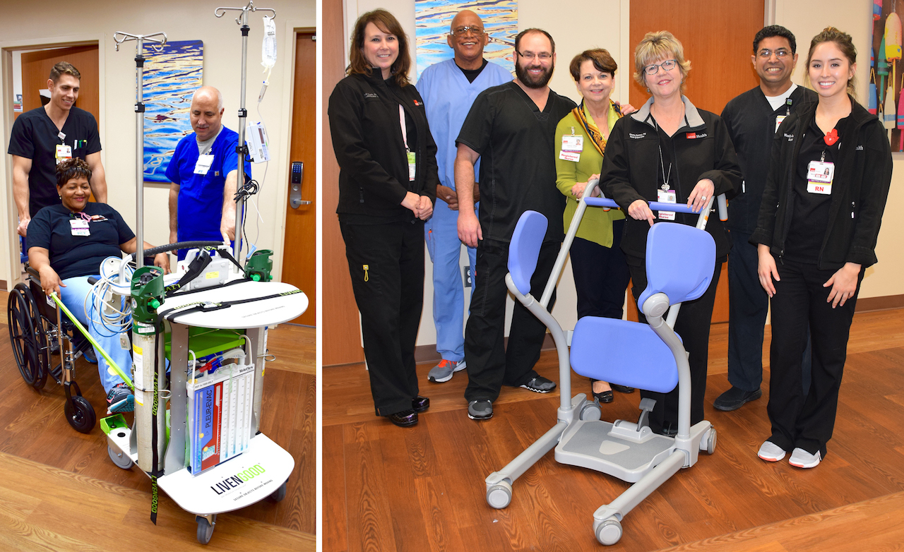 (Left) SICU employees test out the PACE device. (Right) Kathleen O’Neill (green shirt) stands next to an assistive device with Nursing/SICU emloyees 