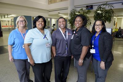 The ED patient registration team includes (L-R) Cindy Longoria, Leonisha Mack, Perry Green, Vonday Millier and Chantal Frank.