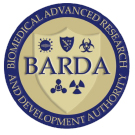 Circular logo of the Biomedical Advanced Research and Development Authority with the acronym “BARDA” and scientific hazard symbols.