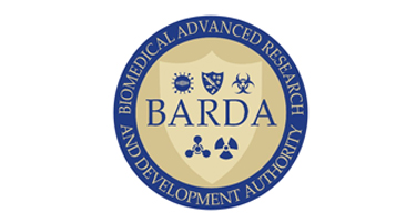 Circular logo of the Biomedical Advanced Research and Development Authority with the acronym “BARDA” and scientific hazard symbols.
