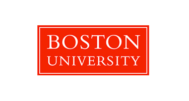 Boston University logo displayed as white text on a red rectangular background.
