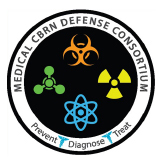 Circular logo for the Medical CBRN Defense Consortium featuring biohazard, radiation, and atomic symbols with the words “Prevent, Diagnose, Treat” around the border.