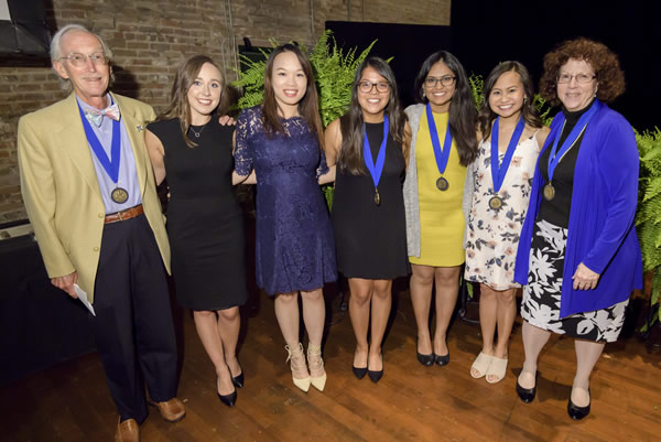 Pictured are (l. to r.) Dr. Michael Malloy, Assistant Dean for the Osler Student Societies, Kristyna Gleghorn and Minh Nguyen (two of last year’s recipients), Martha Chapa, Nisha Soneji, Amy Khong and Dr. Judith Rowen.