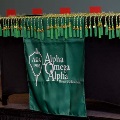 Green Alpha Omega Alpha honor cords with gold tassels arranged on a table with an AOA-branded banner during a UTMB Texas Alpha Chapter event.