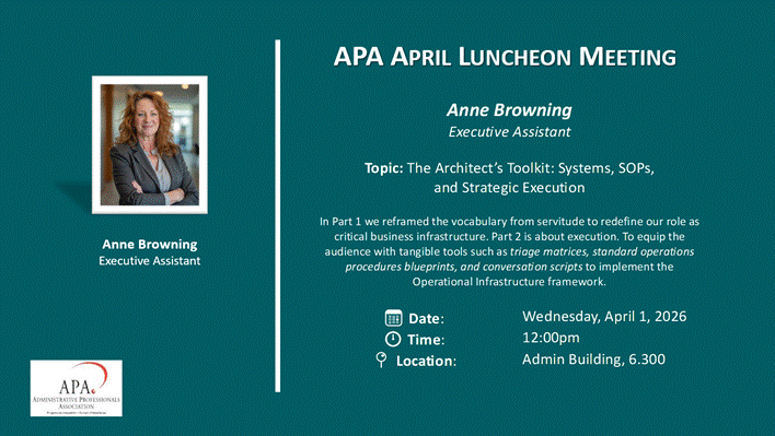 Promotional graphic for an APA April Luncheon Meeting featuring a headshot image, speaker name, meeting topic, date, time, and location.
