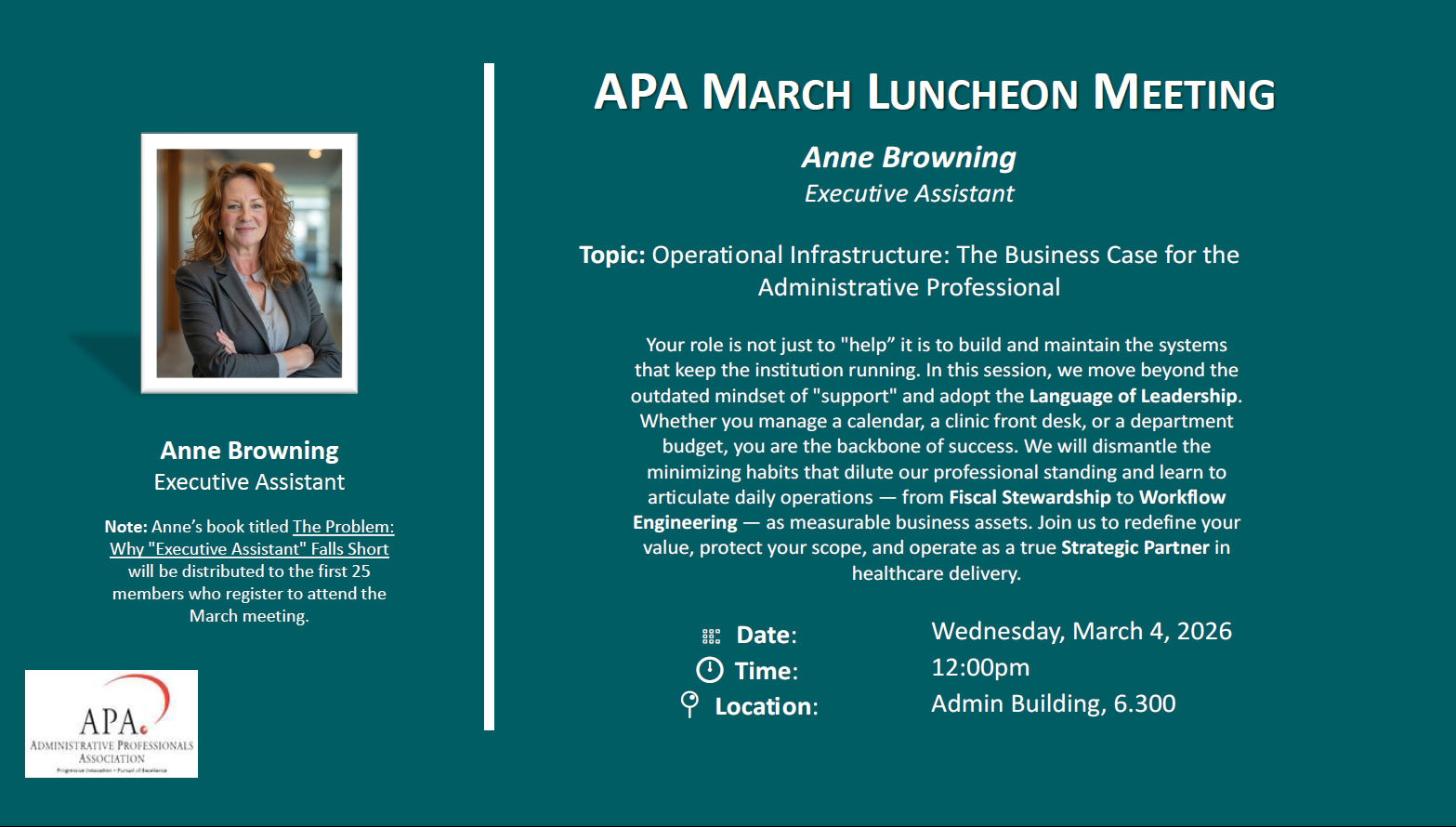 Promotional graphic for an APA March Luncheon Meeting featuring a headshot image, speaker name, meeting topic, date, time, and location.