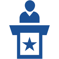 Royal blue icon of a person behind a podium representing GSBS