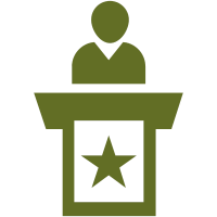 Green icon of a person behind a podium representing JSSOM