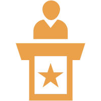 Peach icon of a person behind a podium represent SPPH