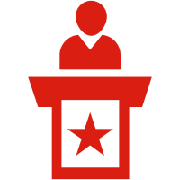 Red icon of a person behind a podium representing SON