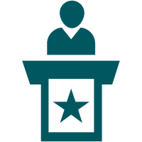 Teal icon of a person behind a podium representing SHP