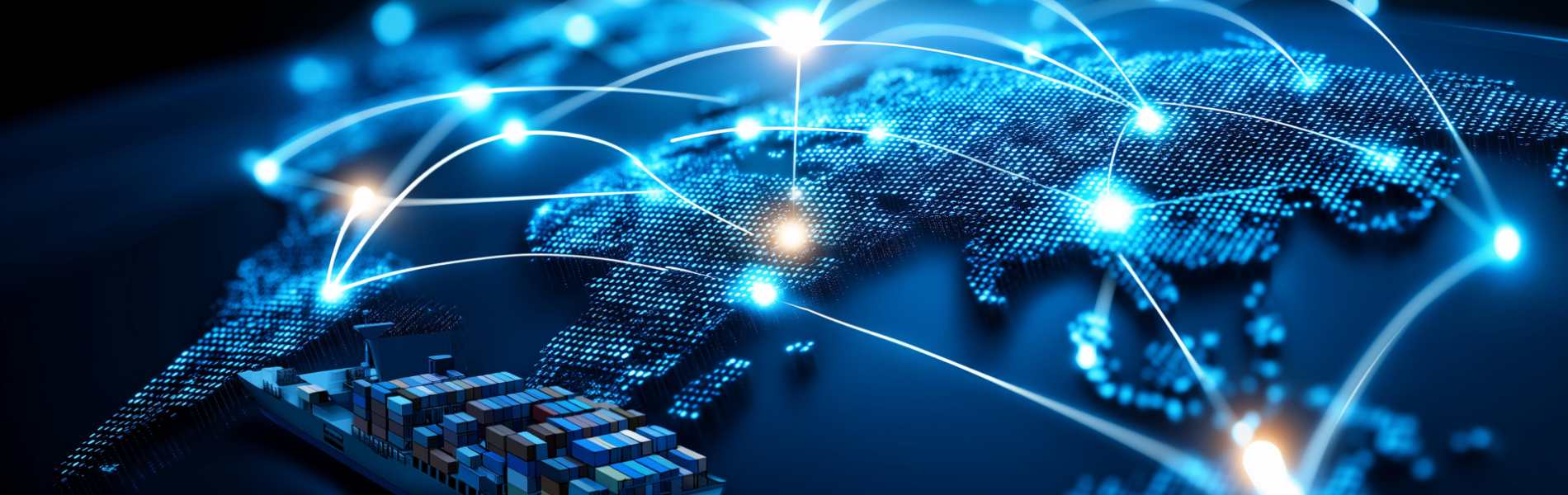 A world map connected by international logistics, global supply chain network