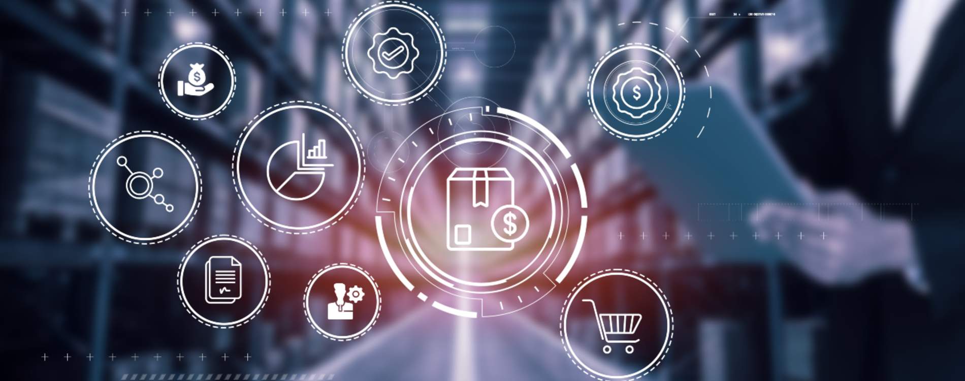 Procurement management concept: man with smart tablet sourcing and acquiring materials, products, and services from suppliers to meet the organization's needs. 