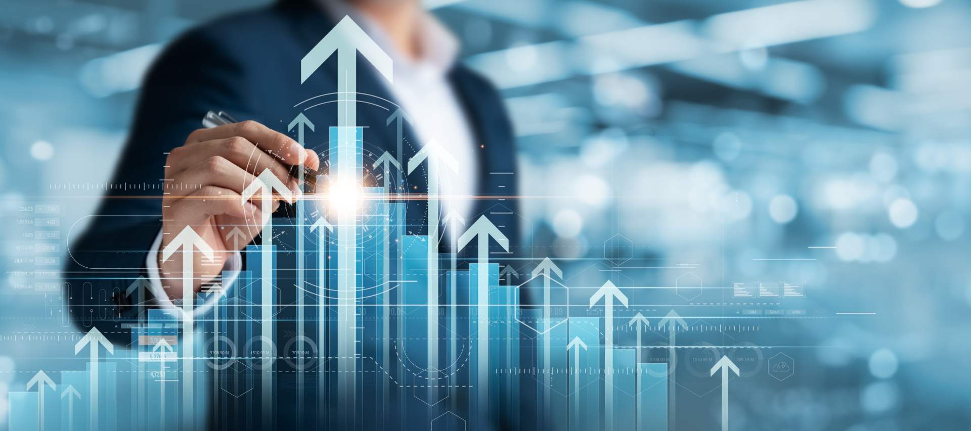 global business growth analysis chart Business and Finance Up arrow Holographic economic chart, financial graph analysis on virtual screen