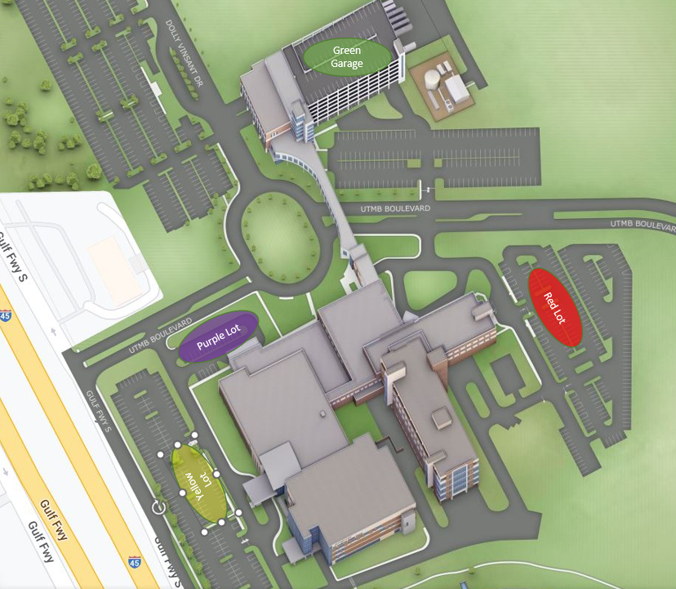 Illustrated campus map showing UTMB buildings, internal roadways, and labeled parking areas including Green Garage, Purple Lot, Red Lot, and Yellow Lot along UTMB Boulevard.