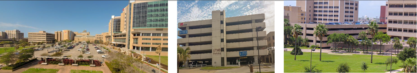 Panoramic view of the University of Texas Medical Branch campus showing parking garages, green spaces with palm trees, and surrounding medical and academic buildings under a clear sky.