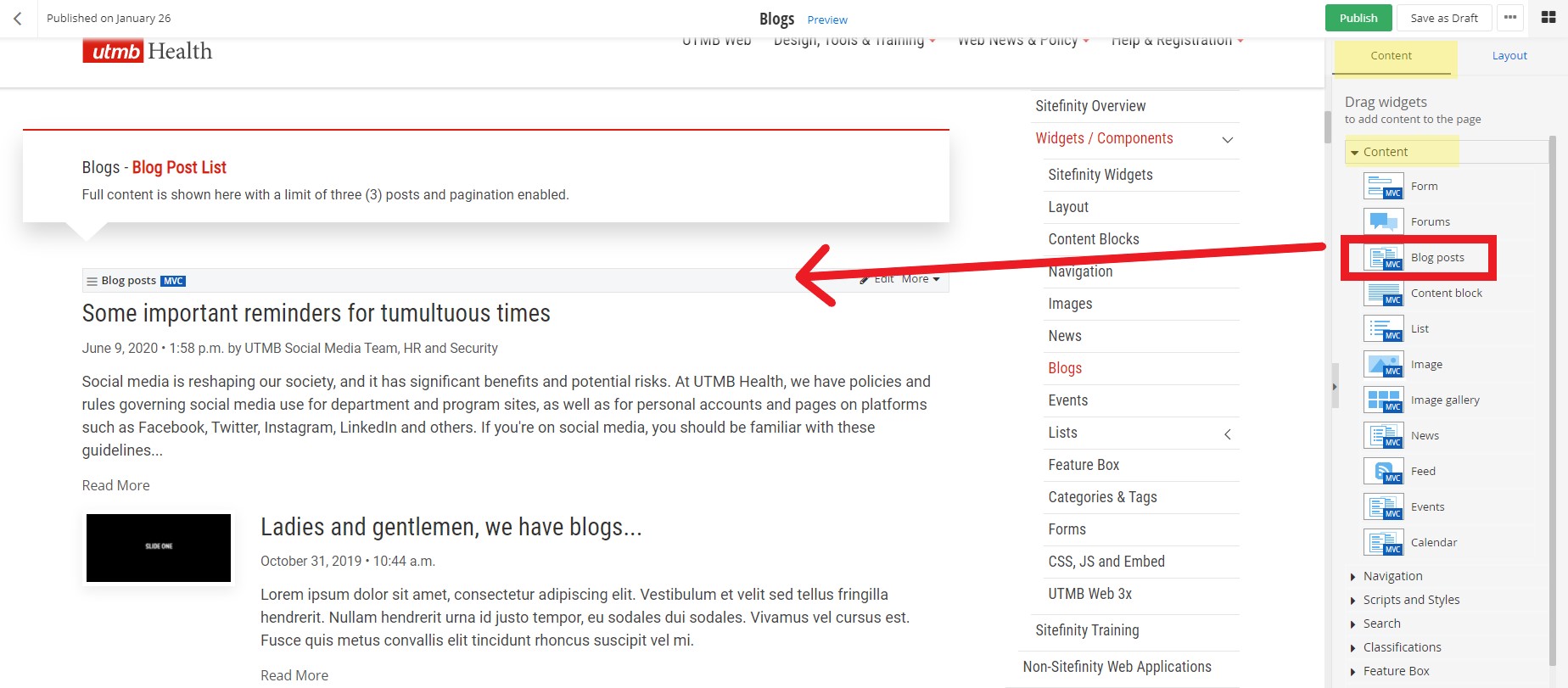 screenshot of blog post widget placement on a webpage.