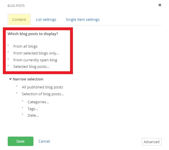 screenshot of which blog posts to display section