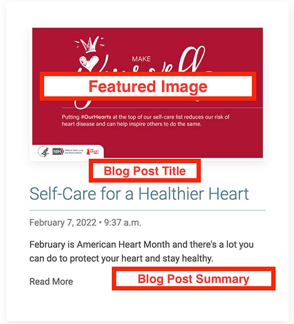 Blog post example showing featured image, blog post title, and summary: