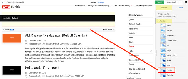 screenshot showing the events widget on a page
