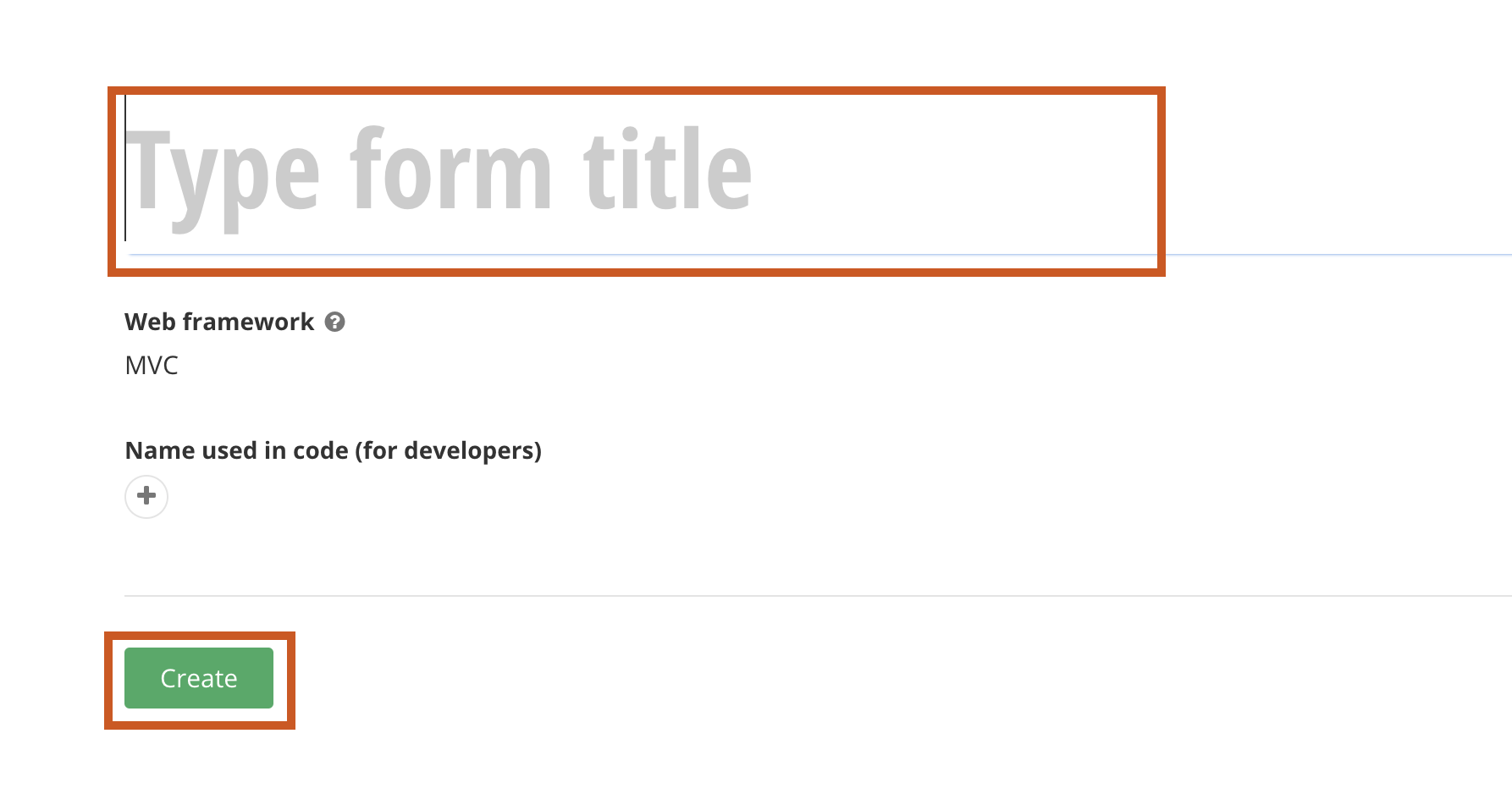Screenshot of form title field and create button