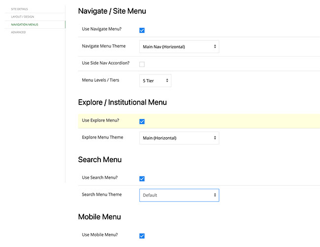 screenshot of site navigation settings