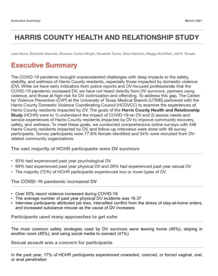 The Harris County Health and Relationship Study Brief Report