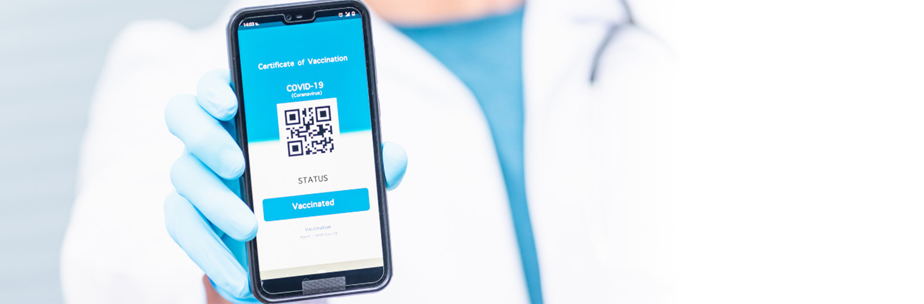 doctor holding phone with COVID QR code