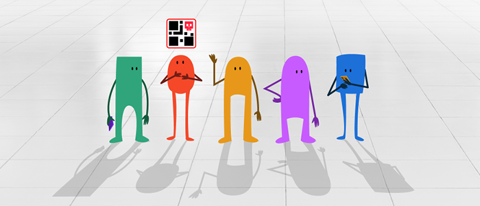 Five colorful abstract characters standing together, with one displaying a QR code, representing awareness of QR code use and potential cybersecurity risks.