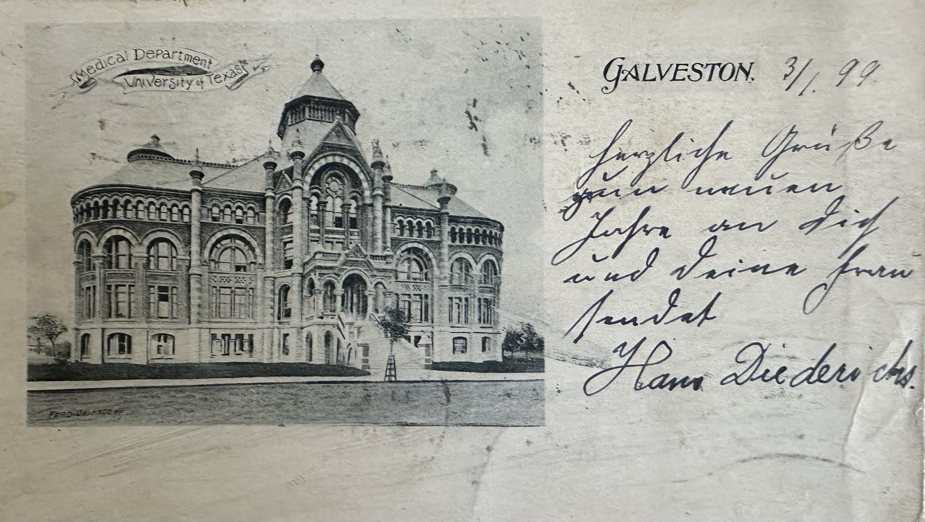 Black-and-white image of an ornate historic building with arched windows and a central tower. Handwritten annotation dated 1898