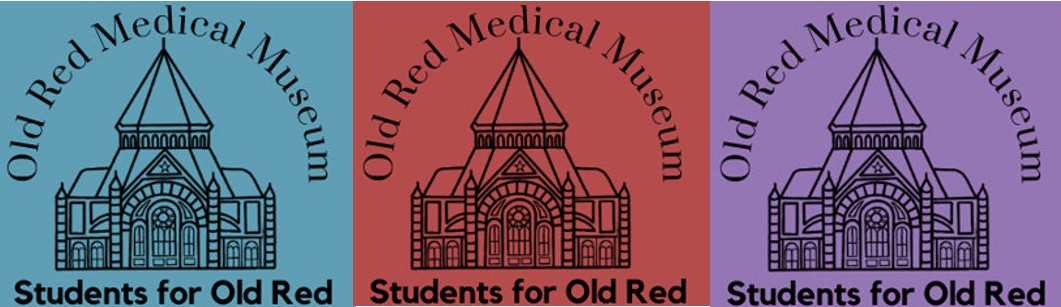 Triptych of the “Old Red Medical Museum Students for Old Red” logo with a domed building on blue, red, and purple backgrounds.
