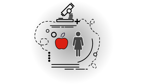 icon graphic with silhouette of woman, apple and microscope 