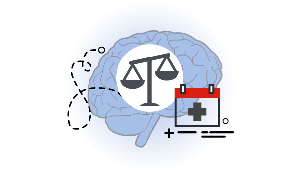 icon graphic depicting a brain, scale, and medical document