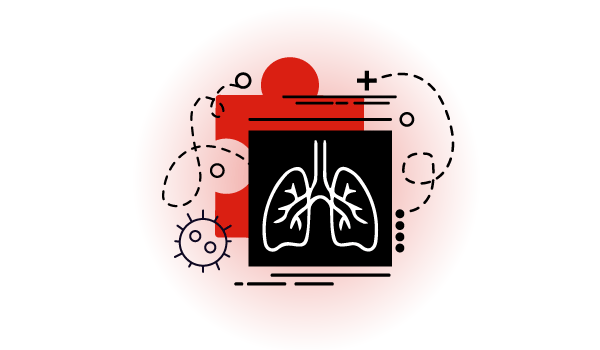 icon graphic showing lung x-ray and virus over a puzzle piece shaped background