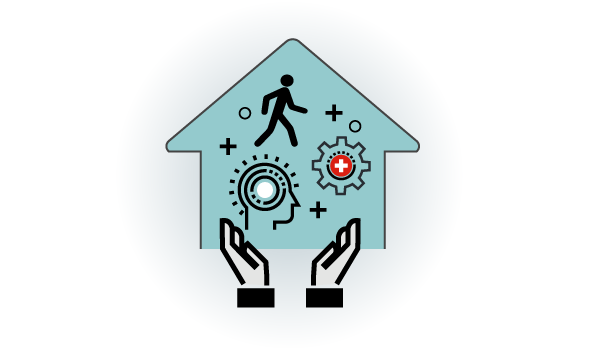 icon graphic with a head, a walking figure and a virus shown between two hands within a faint house shape