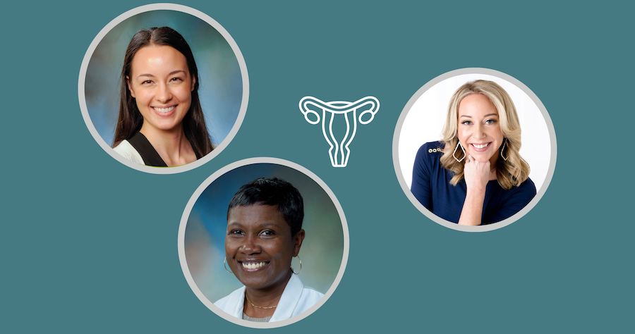 Three circular professional headshots arranged on a teal background with a line‑style icon of a uterus in the center, suggesting a discussion focused on pelvic or women’s health topics