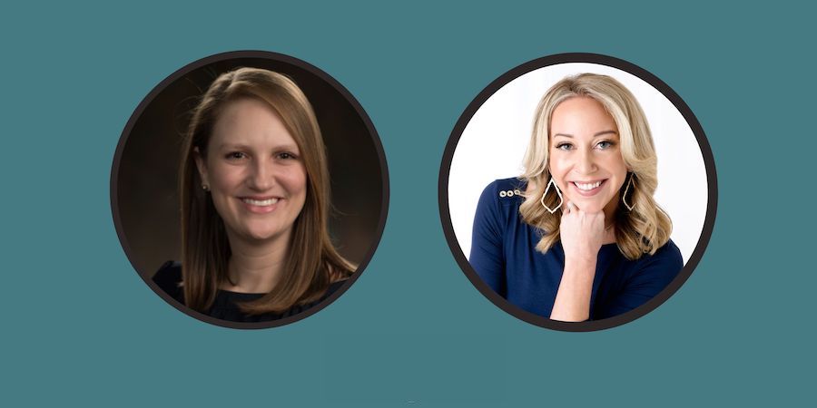 Two circular headshot photos appear side by side on a teal background, each showing an adult facing the camera as part of a virtual interview or discussion graphic