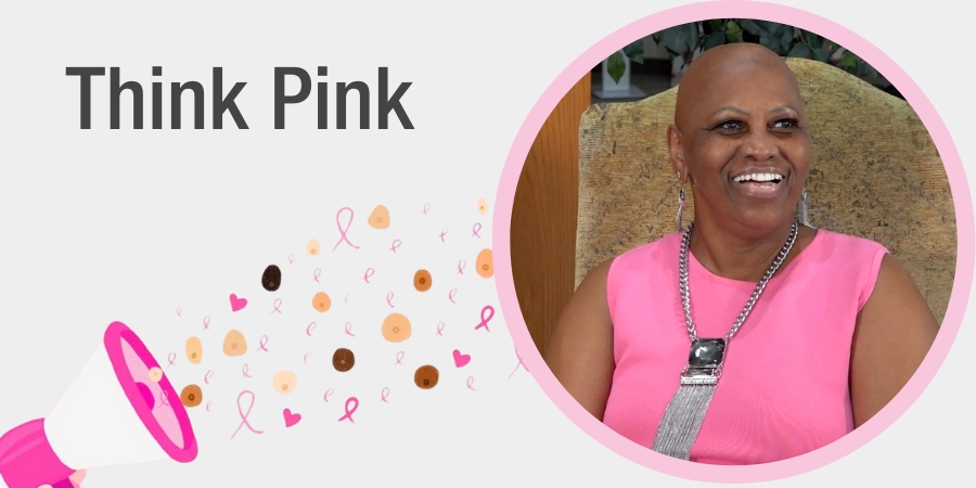 Graphic featuring the words “Think Pink” alongside a portrait of breast cancer survivor Ella Thibodeaux wearing a pink top