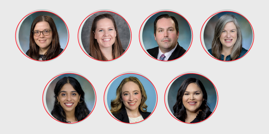Group image showing seven professional headshots arranged in two rows, representing UTMB team members recognized in local “40 Under 40” honors for their leadership and community impact