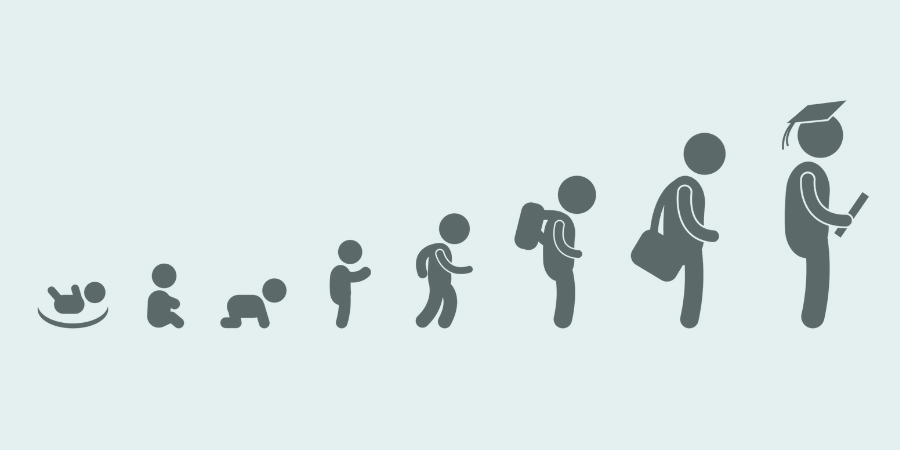 Icons show a progression from infancy through school years to graduation on a light background