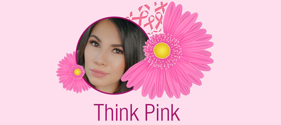 image of breast cancer survivor Kristin Ozuna in a circular frame surrounded by bright pink flowers and breast cancer awareness ribbons on a light pink background with the words "Think Pink"